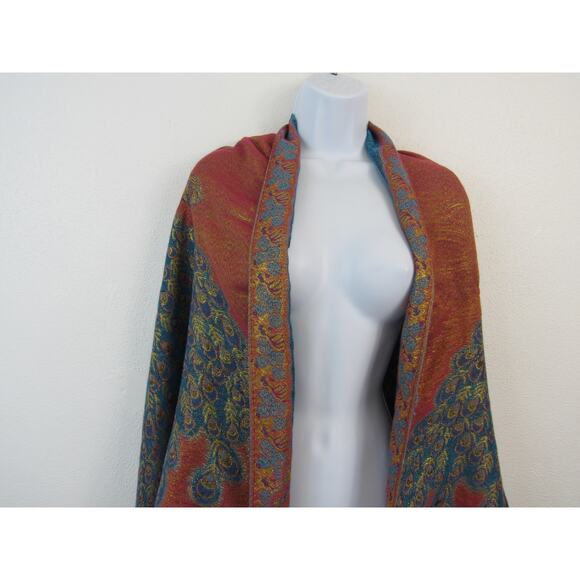 100% Pashmina Shawl Blue Red Orange Metallic Peacocks Fringe Florals Boho  Wool - Picture 4 of 8